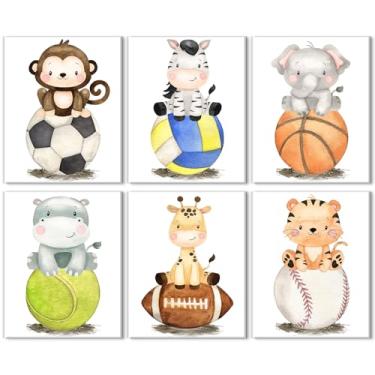 Imagem de Arte de parede para bebês meninos, decoração de berçário, fotos de animais de safári, decoração de berçário, futebol, basquete, beisebol, elefante, girafa, tigre, arte para decoração de casa de quarto