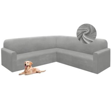 Imagem de HDCAXKJ Capas de sofá seccionais de veludo elástico em forma de L conjunto de capas de sofá macias e grossas, em forma de U, protetor de móveis mágicos antiderrapantes para cães de estimação (cinza