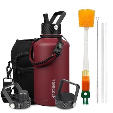 Imagem de YONICOER Garrafa de água isolada de 1,8 g, aço inoxidável a vácuo de parede tripla (pode ser lavada na lava-louças), à prova de vazamento e não BPA, jarro com alça de paracord e tampas de bico de