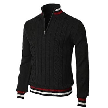 Imagem de Suéter Masculino Casual Zip Gola Stand-up Malhas Masculinas Boutique Cor Contraste Listrado Pulôver Masculino Manga Longa Temperamento Moda, E-black, XXL