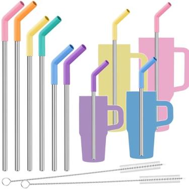 Imagem de Tomorotec Pacote com 6 canudos reutilizáveis de aço inoxidável com ponta de silicone, 3 tamanhos, canudos ecológicos para copos Stanley Quencher H2.0 1,134 g, 850 g, 597 g, 400 ml, escovas de limpeza