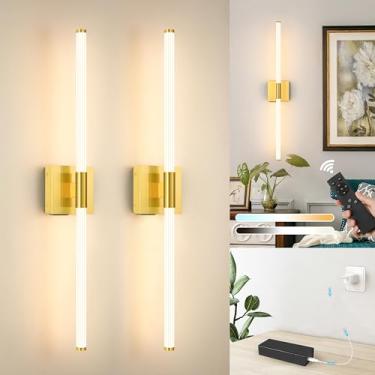 Imagem de Morauroral Arandelas de parede douradas operadas por bateria, arandelas de parede recarregáveis reguláveis com controle remoto, arandela de iluminação 360° em 3 cores, luminária de parede LED moderna