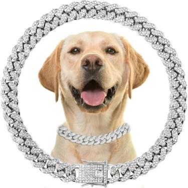 Imagem de Coleiras de corrente de prata para cães grandes com diamante, coleira de metal brilhante com elos cubanos, colar de filhote de cachorro com glitter de strass para cães pequenos, médios e grandes, 61