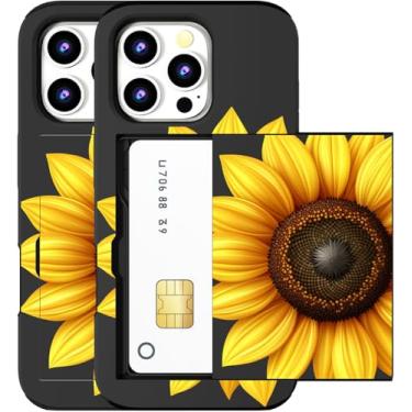 Imagem de MUQR Capa compatível com iPhone 16 Pro Max com suporte de cartão fofo - Design Kawaii, proteção contra quedas de nível militar, capa carteira robusta para mulheres (arte de girassol preto e amarelo)