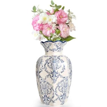Imagem de Yunjuhop Vaso Chinoiserie, vasos de cerâmica vintage azul e branco, vaso floral chinês para sala de estar, estante de livros, escritório, decoração de casa, grande decoração milenar vasos de flores de