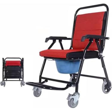 Imagem de Cadeira De Rodas Com Elevador De Paciente 4 Em 1 Cadeira Higiênica Móvel Com Rodas Cadeira Higiênica Dobrável Para Idosos Com Apoio Para Os Pés E Apoio De Braço, Red