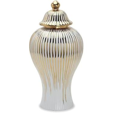 Imagem de Jarra De Gengibre De Cerâmica Rural Estilo Europeu Com Tampa, Jarra De Templo De Porcelana Retrô Com Padrão De Listras De Chapeamento, Vaso Branco E Dourado Para Decoração, Onecolor, L