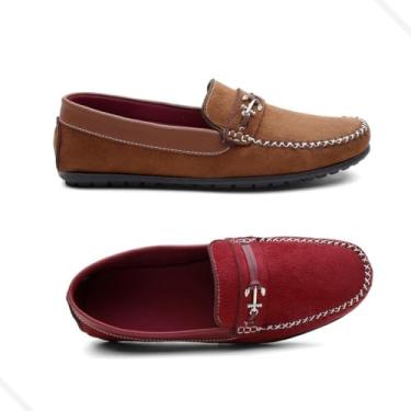 Imagem de Kit 02 Mocassim Sapatilha Masculina Conforto Drive Vermelho e Marrom-44