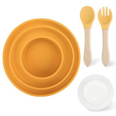 Imagem de Mulaibdin 3 peças de pratos de silicone com talheres, placas de sucção removíveis e tigelas, pratos mais profundos grudam e permanecem livres de BPA (amarelo)