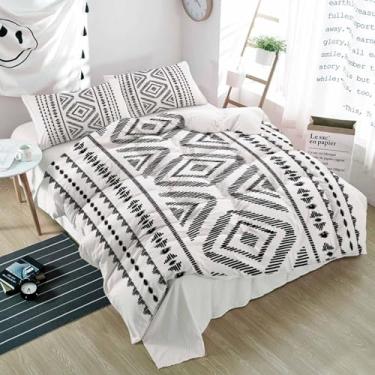 Imagem de Conjunto de 3 peças de capas de edredom queen boho retrô preto geométrico, capa de edredom macia e fronhas, conjunto de capa de edredom leve com fecho de zíper listras tribais em branco