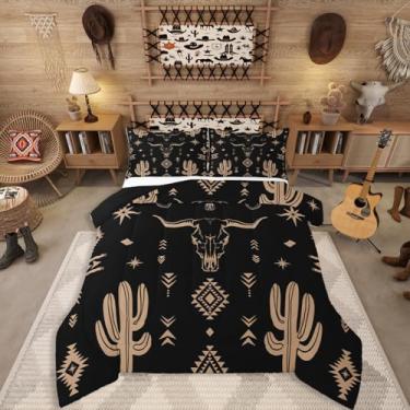 Imagem de Erosebridal Conjunto de edredom King com caveira de touro, caubói ocidental, vintage, sudoeste, boêmio, geométrico, cacto, colcha tribal exótica, étnica, decoração de quarto, preto e marrom