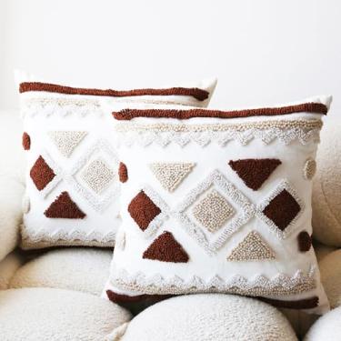 Imagem de Leebright Capas de almofada bordadas, 2 peças, boêmia, bege, marrom, para sofá, fazenda, luxuosa, capas de travesseiro de sofá com tufos, boho, 45 x 45 cm