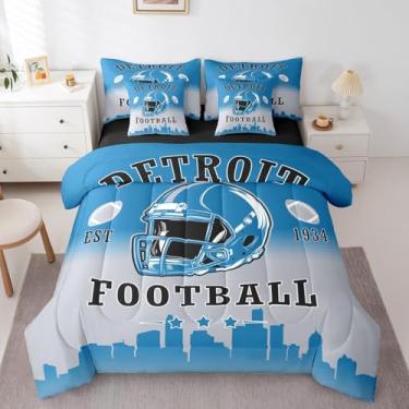 Imagem de Erosebridal Jogo de cama de solteiro, futebol americano, rugby americano, esportivo, 7 peças, para crianças, meninos, adolescentes, azul e cinza, conjunto de lençol com edredom (Detroit)