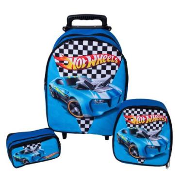 Imagem de Kit Mochila Escolar Carrinho Hotwheels Azul Menino - DB