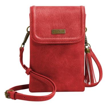 Imagem de AnsTOP Bolsa tiracolo pequena para mulheres, bolsa de telefone de couro vegano de designer minimalista com borla, alça de ombro portátil e ajustável para uso diário, vermelha