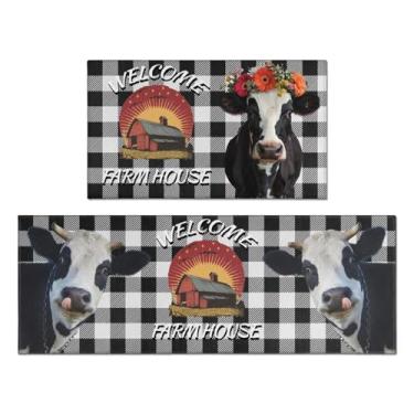 Imagem de Qeenking Conjunto De 2 Tapetes Cozinha Estilo Vaca, Laváveis Antifadiga Xadrez Fazenda, Antiderrapantes Confortáveis Para Decoração Festas, Pia, Lavanderia, Escritório 43 Cm X 119 + 76