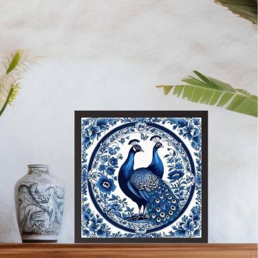 Imagem de Quadro Pavão Estilo Azulejo Português - 33X33Cm - Com Vidro