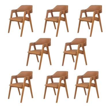 Imagem de Kit 8 Cadeiras de Madeira Eucalipto Encosto Anatômico com Apoio de Braço Dália Caramelo