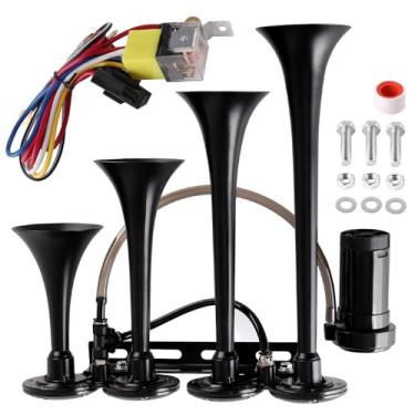 Imagem de Buzina pneumática de caminhão 150db, kit de buzina de trem com 4 buzinas de trompete para caminhão buzinas de ar super altas de 12 V com compressor adequado para picape/motorhome/SUV/caminhão/trem (4
