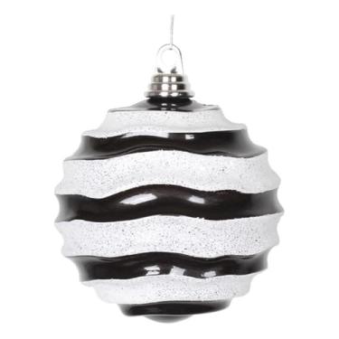 Imagem de Vickerman Ornamento clássico de 150 mm (6") preto e branco com glitter ondulado inquebrável bola de Natal
