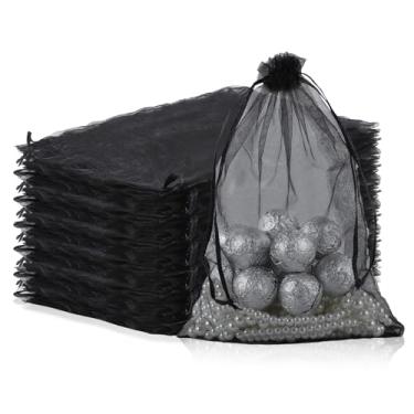 Imagem de Mstar Pack 100 sacos de organza, organza cinza transparente, lembrancinha de casamento com cordão, bolsa de presente de joias para festa, joias, sabonetes de banheiro (preto, 17 x 23 cm)