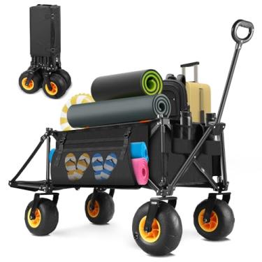 Imagem de Wheelive Vagão ao ar livre com rodas grandes infláveis todo-o-terreno, vagões de praia dobráveis resistentes de 99,8 kg com extensor extralongo, carrinho de compras com porta-copos e bolso para
