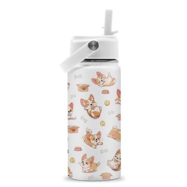 Imagem de ROVOZAR Garrafa de água Corgi – Garrafa de água de aço inoxidável Corgi de 473 ml com canudo – Copo isolado Corgis fofo para meninas e meninos – Copo infantil para escola, esportes, viagens