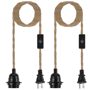 Imagem de Zarnicy Kit de cabo de luz para pendurar – Corda de cânhamo pendente de 4,6 m E26 E27 soquete de lâmpada com plugue, interruptor liga/desliga para iluminação vintage de fazenda, pacote com 2