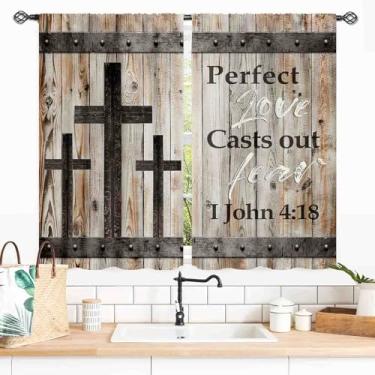 Imagem de Cortinas de madeira de fazenda, placa de madeira marrom rústica versículo bíblico cross country casa de campo ocidental celeiro garagem cortinas de tábuas antigas cortinas de janela para sala de estar