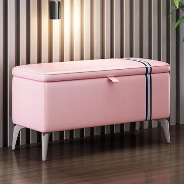 Imagem de Banco Otomano De Armazenamento De Couro Moderno,banco De Sapatos Retangular Com Assento Acolchoado,baús De Armazenamento De Madeira Maciça Banco De Armazenamento M, Pink, 100x35x45cm(39x14x18inch)