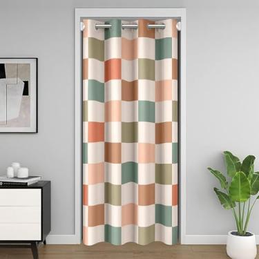 Imagem de Feelyou Cortina divisória de quarto retrô quadriculada multicolorida para privacidade de porta de entrada 86 x 203 cm 1 painel branco marfim colorido capa de armário moderna simples estética descolada