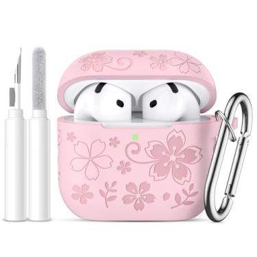 Imagem de Dgege Capa para AirPods 4 (2024), linda capa de flor gravada compatível com Apple Airpods 4, capa protetora completa de silicone macio para AirPods 4 com chaveiro e kit de limpeza para mulheres