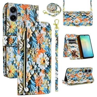 Imagem de Dswteny Capa carteira para Samsung Galaxy A06 5G com alça de pulso removível, zíper floral couro PU suporte para cartão acessórios capa de celular para Ao6 A 06 4G LTE mulheres homens marrom