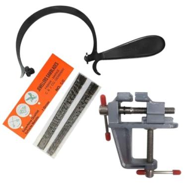 Imagem de Mini braçadeira de mesa de joalheiro, moldura de serra de joalheiro, conjunto de serra de joias de 144 lâminas com grampo, mini torno de bancada