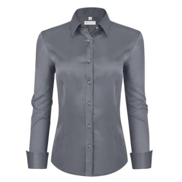 Imagem de Camisa social feminina siliteelon de manga comprida com botões cinza