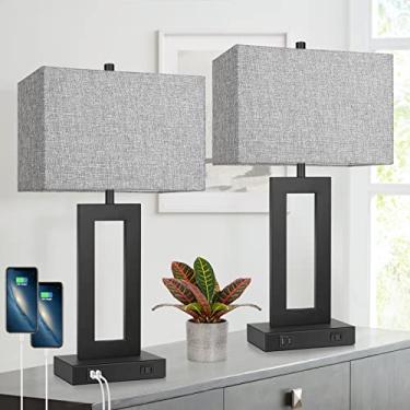 Imagem de Conjunto de 2 luminárias de mesa modernas com controle de toque com 2 portas USB, lâmpadas grandes de cabeceira de 56 cm, lâmpada de mesa regulável de 3 vias com persiana de tecido cinza para leitura