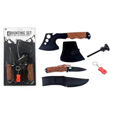 Imagem de SE Kit essencial de sobrevivência de 4 peças com machado de 26 cm, faca de ponta de gota de 20 cm, acionador de fogo de magnésio e apito de 115 dB - equipamento de caça e uso ao ar livre