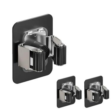 Imagem de Consss Pacote com 3 suportes para vassoura, suporte de parede e esfregão organizador de parede, sem perfuração, autoadesivo, antiderrapante, para cozinha, lavanderia, jardim, preto