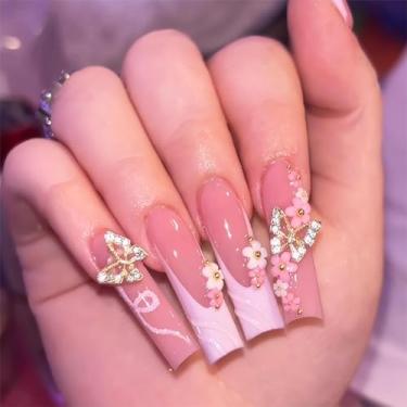 Imagem de RTKHFZE Xl Unhas postiças longas quadradas com ponta francesa com desenhos de flores e borboletas 3D, unhas de acrílico rosa, cobertura completa, 24 peças