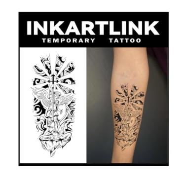 Imagem de INKARTLINK Tattoo Tech, tatuagem semipermanente grande de 2 folhas, tatuagens temporárias, duram de 1 a 2 semanas, à prova d'água, visual realista, sem adesivo, sem reflexo (design de mitologia) 156