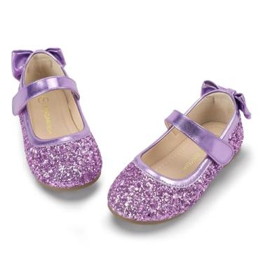 Imagem de PANDANINJIA Vestido Angela Mary Jane para bebês/crianças pequenas bailarinas com laço florista festa de casamento bailarina sapatos rasos, Azul (roxo), 2 Little Kid