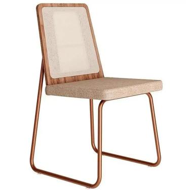 Imagem de Cadeira Wood 1751 em Aço e MDF Tecido Linho Carraro Cor Rose Cobre Freijo com Tecido Areia