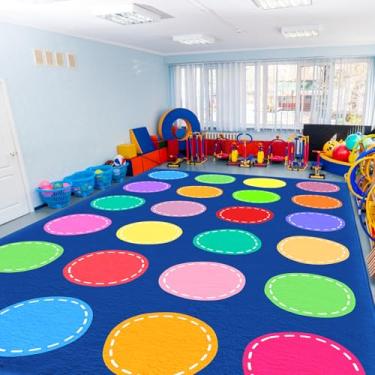 Imagem de Tapetes para sala de aula, tapete infantil de 2,8 m x 30,8 m com suporte de borracha, círculo colorido em fundo azul, tapete para sala de aula, tapete de berçário para sala de jogos pré-escolar - 24