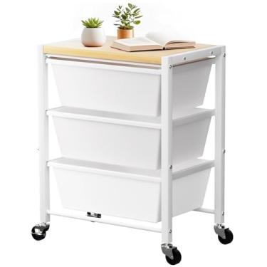 Imagem de Carrinho de rodinhas com 3 gavetas, carrinhos de armazenamento de gaveta de plástico com rodas bloqueáveis e mesa de madeira, organizador de carrinho utilitário de metal, organização e armazenamento