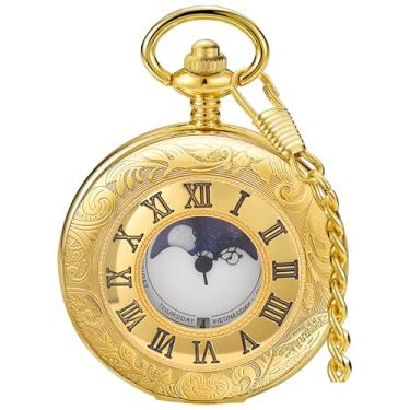 Imagem de Relógio de bolso vintage com escala de números romanos, calendário de fases da lua, quartzo, relógio de bolso com corrente, melhor presente, SH1003 - ouro, todos os dias