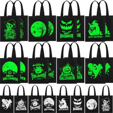 Imagem de SilTriangle Pacote com 24 sacos luminosos não tecidos de Halloween, bolsa iluminada para doces ou travessuras, 19 x 24 cm, sacola de presente reutilizável com alças, fantasma de abóbora, aranha, bruxa