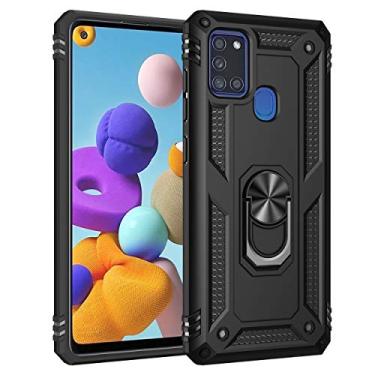 Imagem de SORAKA Capa para Samsung Galaxy A21s com suporte de anel capa protetora para Samsung Galaxy A21s capa traseira de policarbonato rígido com placa de metal para suporte magnético de telefone carro preto