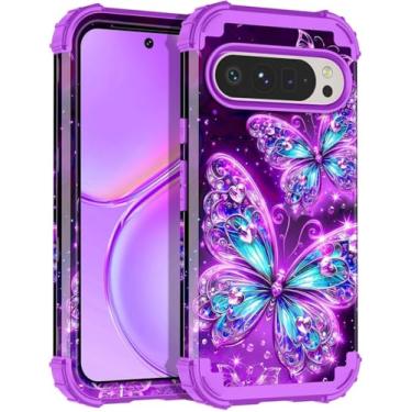 Imagem de Miqala Capa para Google Pixel 9 Pro XL, brilha no escuro, três camadas, resistente, à prova de choque, proteção total de plástico rígido + capa de silicone macio para Google Pixel 9 Pro XL, roxo