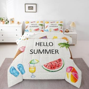 Imagem de Erosebridal Jogo de cama solteiro para crianças, tropical, coqueiro, aquarela, quarto de meninas, adolescentes, mulheres, edredom de melancia, frutas de verão, gelado, 2 peças