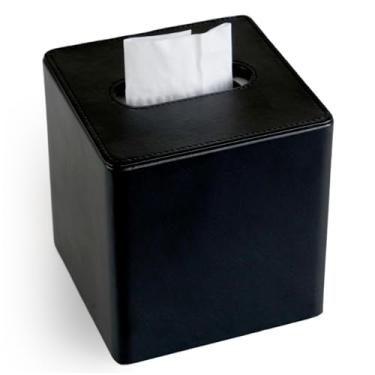 Imagem de KALEKAIL Capa de caixa de lenços de couro PU, suporte quadrado de caixa de lenços com fecho magnético, capas de lenços de cubo modernas para banheiros, preto